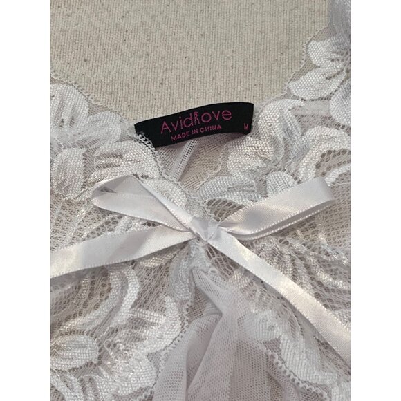 Avidlove M White Lace Babydoll Lingerie Adj Straps Satin Bow Sheer Mesh Skirt - Picture 3 of 15